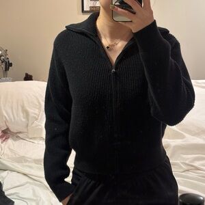 Black Zip-Front Ribbed Women's Sweater